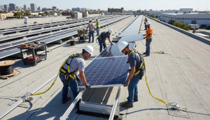 Workers installing commercial solar electric panels on a flat commercial rooftop with safety harnesses