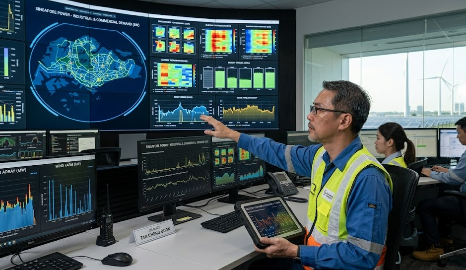 nergy manager monitoring real-time solar and wind power data on energy management system dashboard