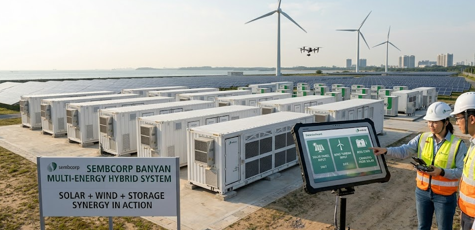Engineers managing a hybrid solar, wind, and battery storage energy system on-site