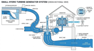Cross-sectional diagram of a small hydro turbine generator system showing water intake, Francis turbine runner, main shaft, stator, rotor, and electricity output