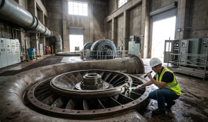 Engineer inspecting a large hydro generator turbine runner inside a hydroelectric powerhouse facility