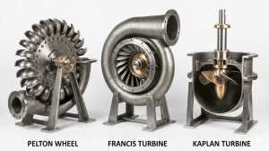 Three types of hydro turbines side by side — Pelton wheel, Francis turbine, and Kaplan turbine — used in different generator for hydro applications