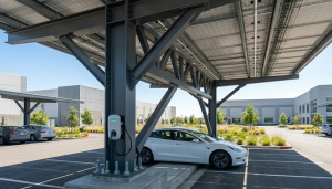 commercial solar carport with EV charging stations underneath showing employee benefit and sustainability