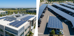 side by side comparison of rooftop solar panels and commercial solar carport structure over parking lot