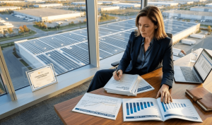 CFO reviewing commercial solar cost breakdown showing 30% ITC tax credit savings and MACRS depreciation schedule on a financial report