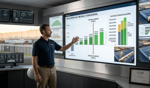 Facility manager reviewing commercial solar payback period and ROI timeline chart showing 3 to 7 year breakeven and 20 years of net savings