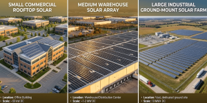 Three commercial solar installations of different sizes showing small office rooftop, mid-size warehouse array, and large industrial ground-mount system