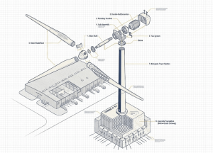 Architectural exploded diagram illustration of a commercial wind turbine showing nacelle, rotor blades, steel tower, and concrete foundation as separate labeled components