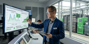 Diagram showing how hybrid energy storage integrates solar generation with industrial battery storage and grid connection