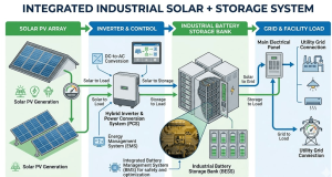 Facility energy manager reviewing hybrid energy storage peak shaving savings on control room dashboard