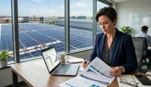 Business professional evaluating commercial solar energy investment and ROI for North American company