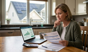 Homeowner calculating solar energy for home costs and savings using laptop and installation quote