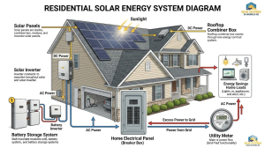 Residential solar energy system diagram showing panels inverter battery and home electrical connection