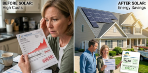 Comparison of high electricity bill and rooftop solar panels showing value of solar energy for home