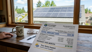 Homeowner reviewing lower electricity bill after solar panel installation, showing solar energy cost savings