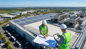 Two professional engineers reviewing blueprints for a commercial solar installation on a roof with complex HVAC equipment.