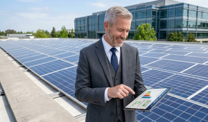 Business calculating solar installation costs and ROI for green energy solutions
