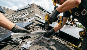 Solar technician installing panels on complex multi-section residential roof showing labor and racking work