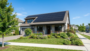 Modern suburban home with fully installed rooftop solar panel system on sunny day