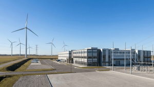 Wind turbines powering a large manufacturing plant, representing long-term industrial energy cost reduction