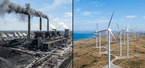 Smoke stacks from a coal power plant contrasted with clean wind turbines in the background