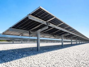 Bifacial solar panels installed above reflective ground