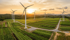 Wind turbines standing on active farmland showing coexistence of agriculture and renewable energy