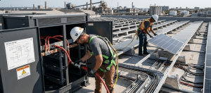 Solar panels and battery storage units being installed on commercial facility