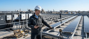 Engineer performing site assessment for hybrid energy system design