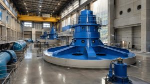 Large hydraulic turbine generator hall inside a hydropower station