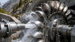 Water flow hitting hydraulic turbine blades to generate mechanical energy