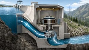 Hydraulic turbine working principle with water flow and generator