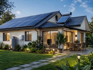 Solar power at home with rooftop panels, solar water heating, and garden lights