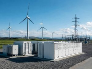 Wind energy system connected to the grid and battery storage