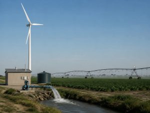 Remote farm using wind energy for agricultural power needs in an open rural landscape