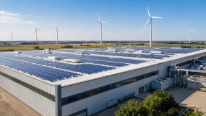 Solar panels on a factory rooftop with wind turbines visible in the background, illustrating a hybrid energy setup