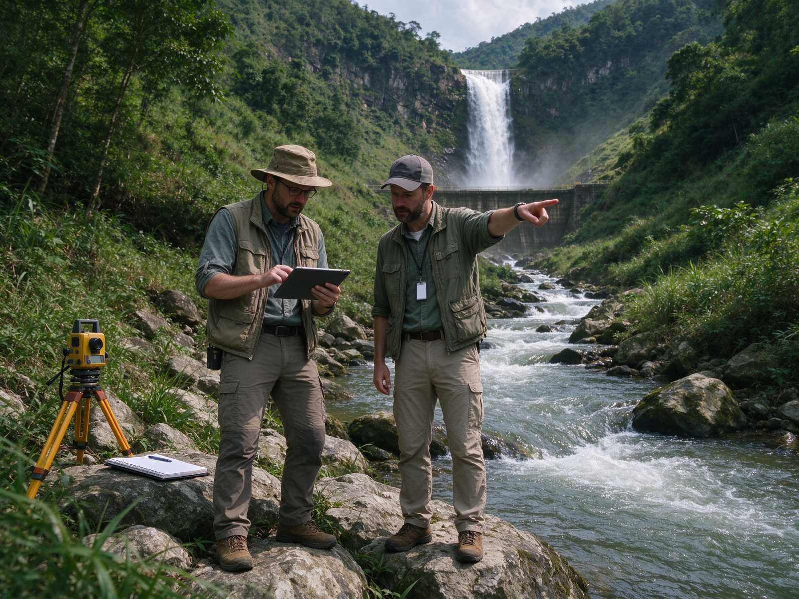 Two surveyors assessing a stream site for micro hydropower development with waterfall background