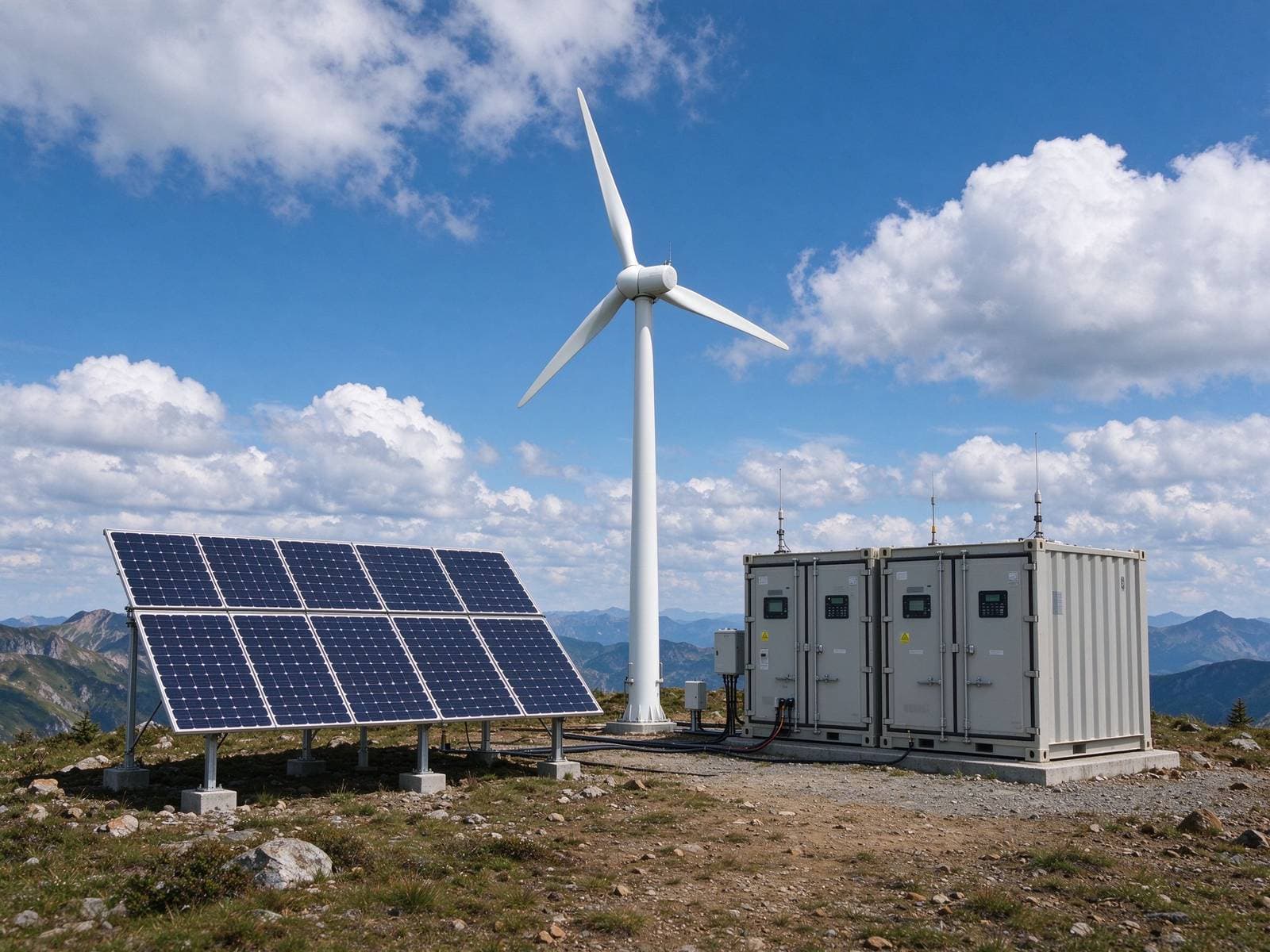 Hybrid energy system design blueprint with solar panel model, wind turbine model, and battery layout