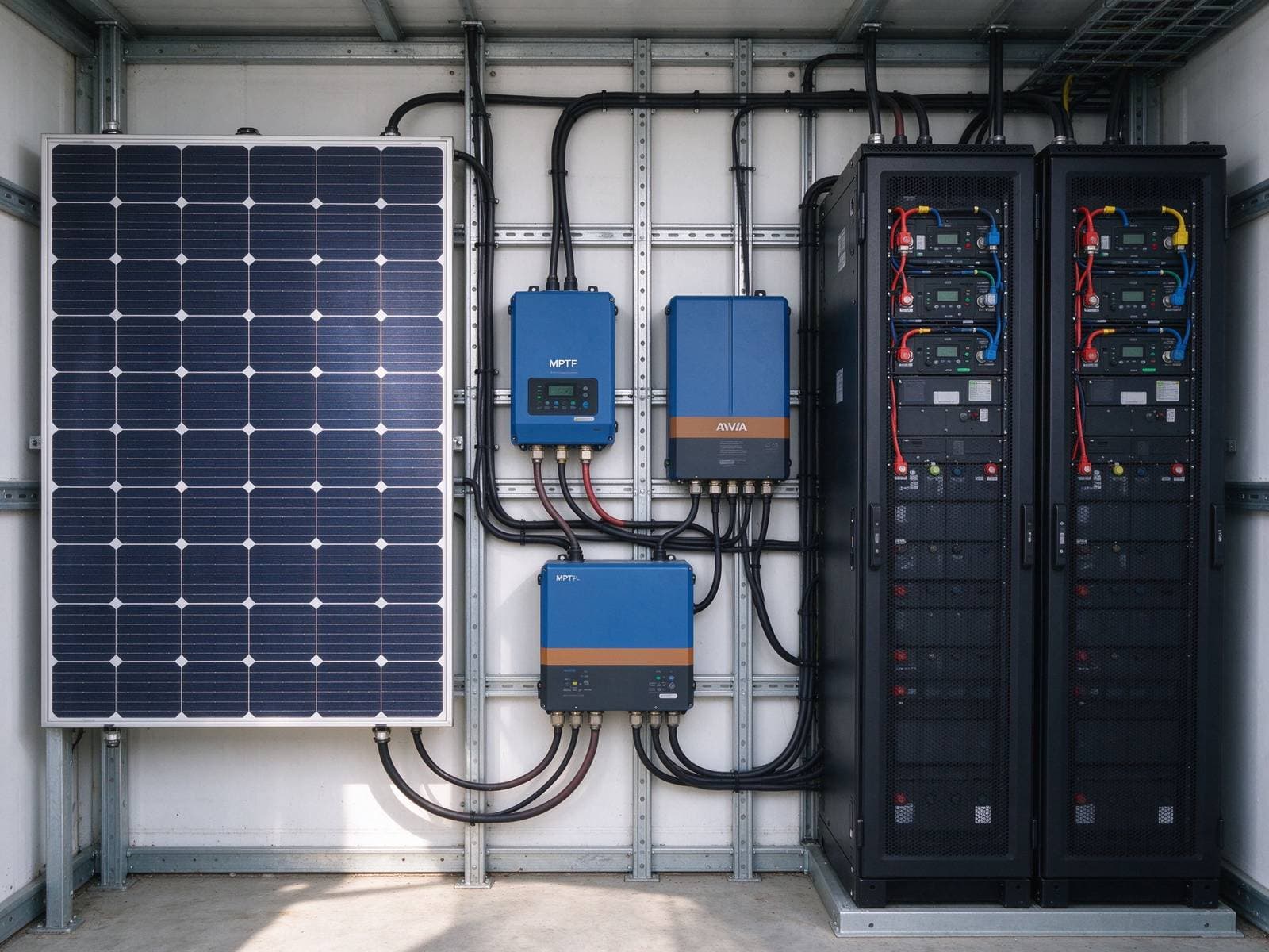 Hybrid system equipment panel with solar controller, inverter, and battery cabinets on a wall