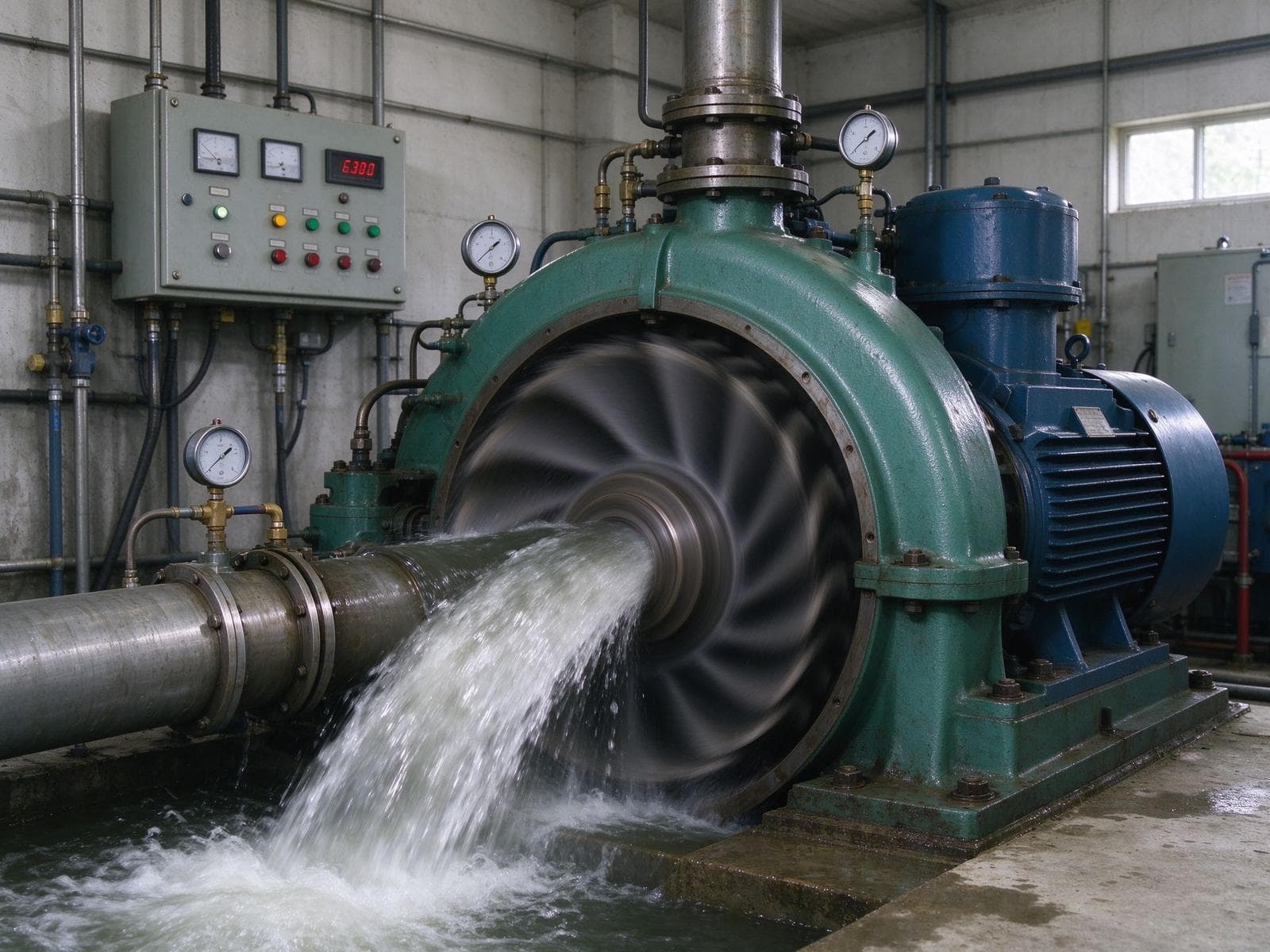 Hydro turbine unit running inside a small power station with control panel and gauges