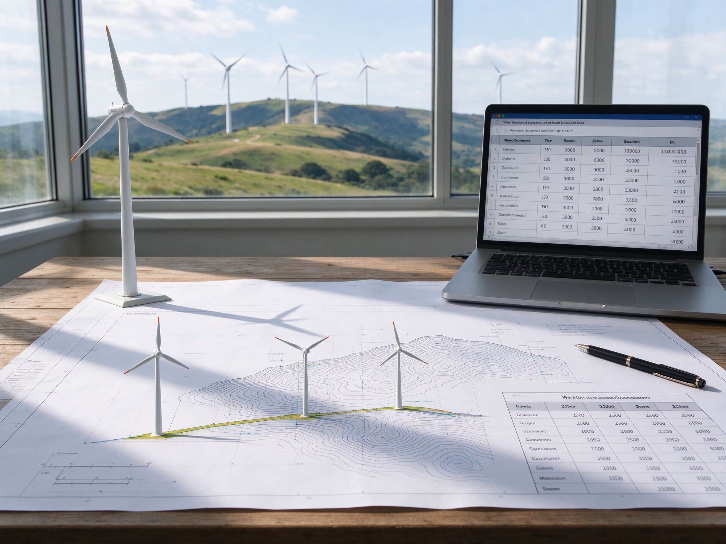 Wind project feasibility planning with turbine models, blueprints, and energy output laptop