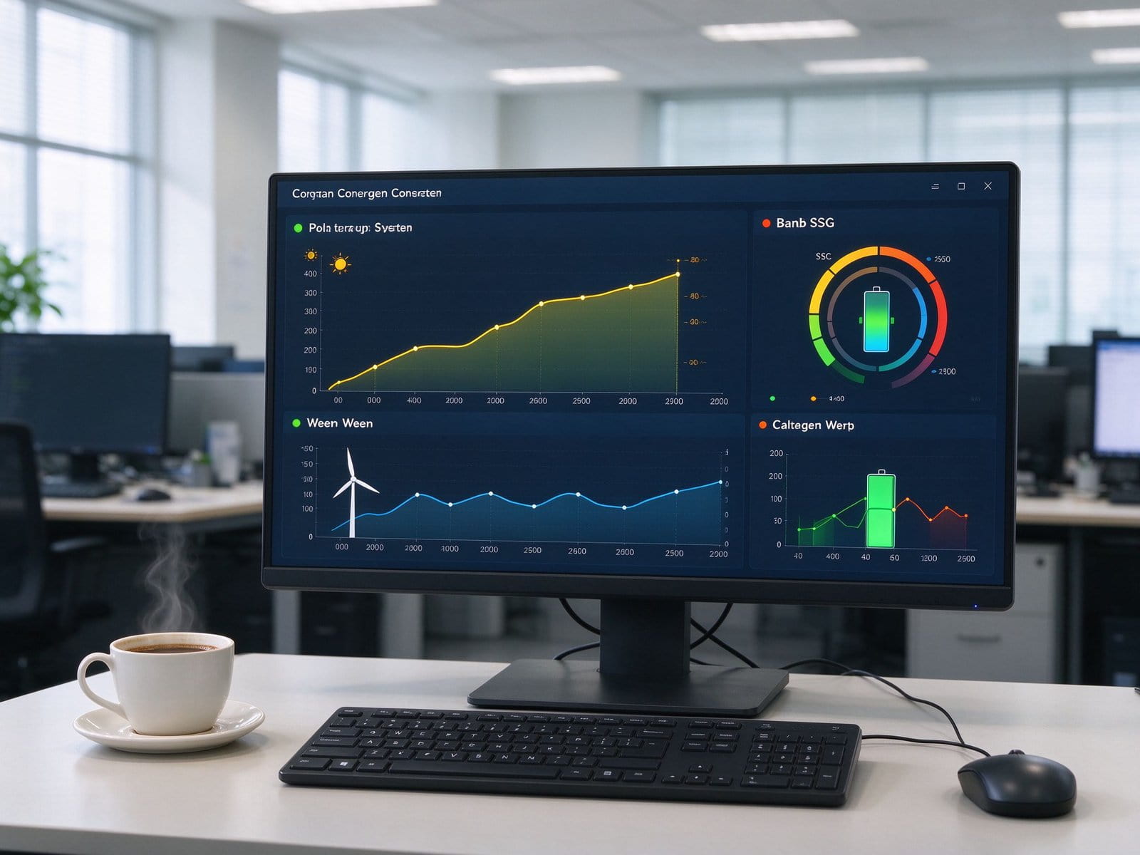 Energy management system control center showing energy flow diagram and real-time power curves