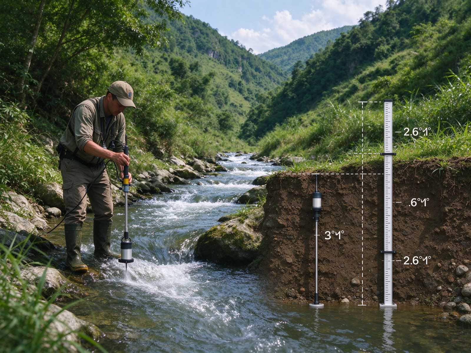 Engineer measuring stream flow rate with current meter and head measurement scale