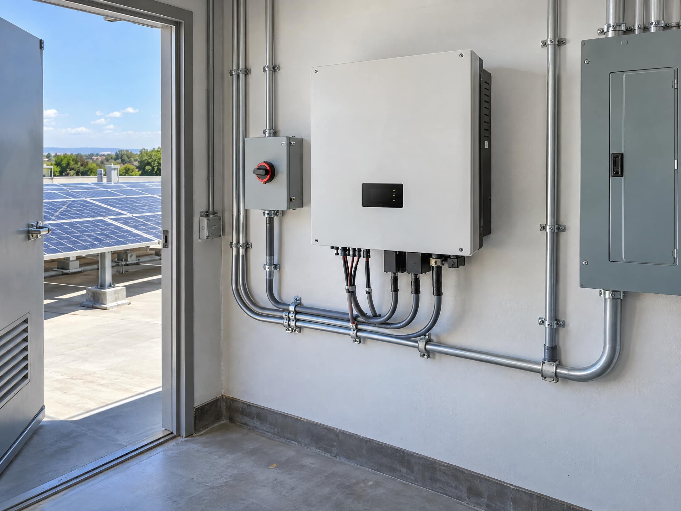 Photovoltaic panels sending DC power to an inverter for AC conversion