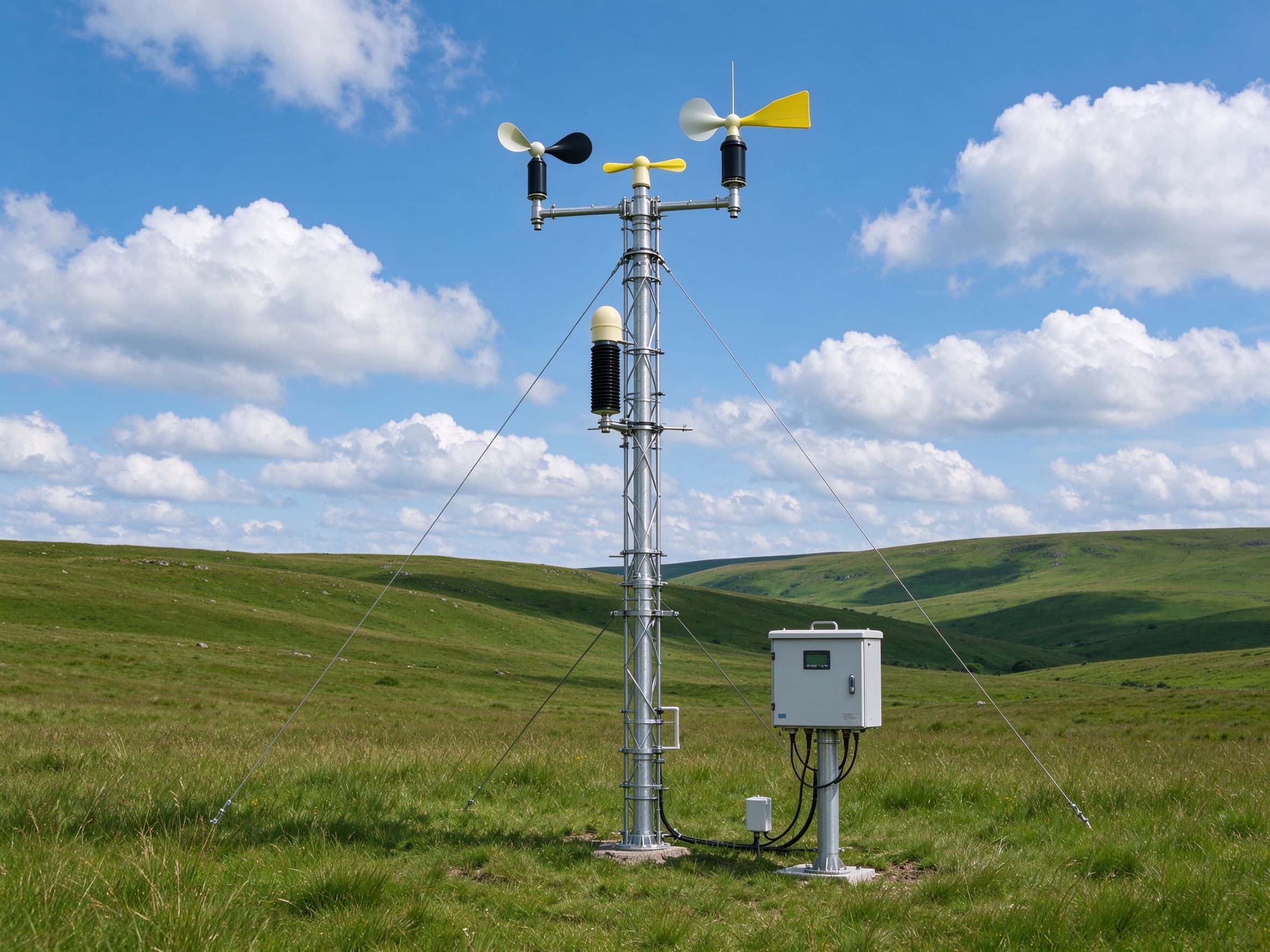 Anemometer measurement tower with wind sensors and data logger on open grassland