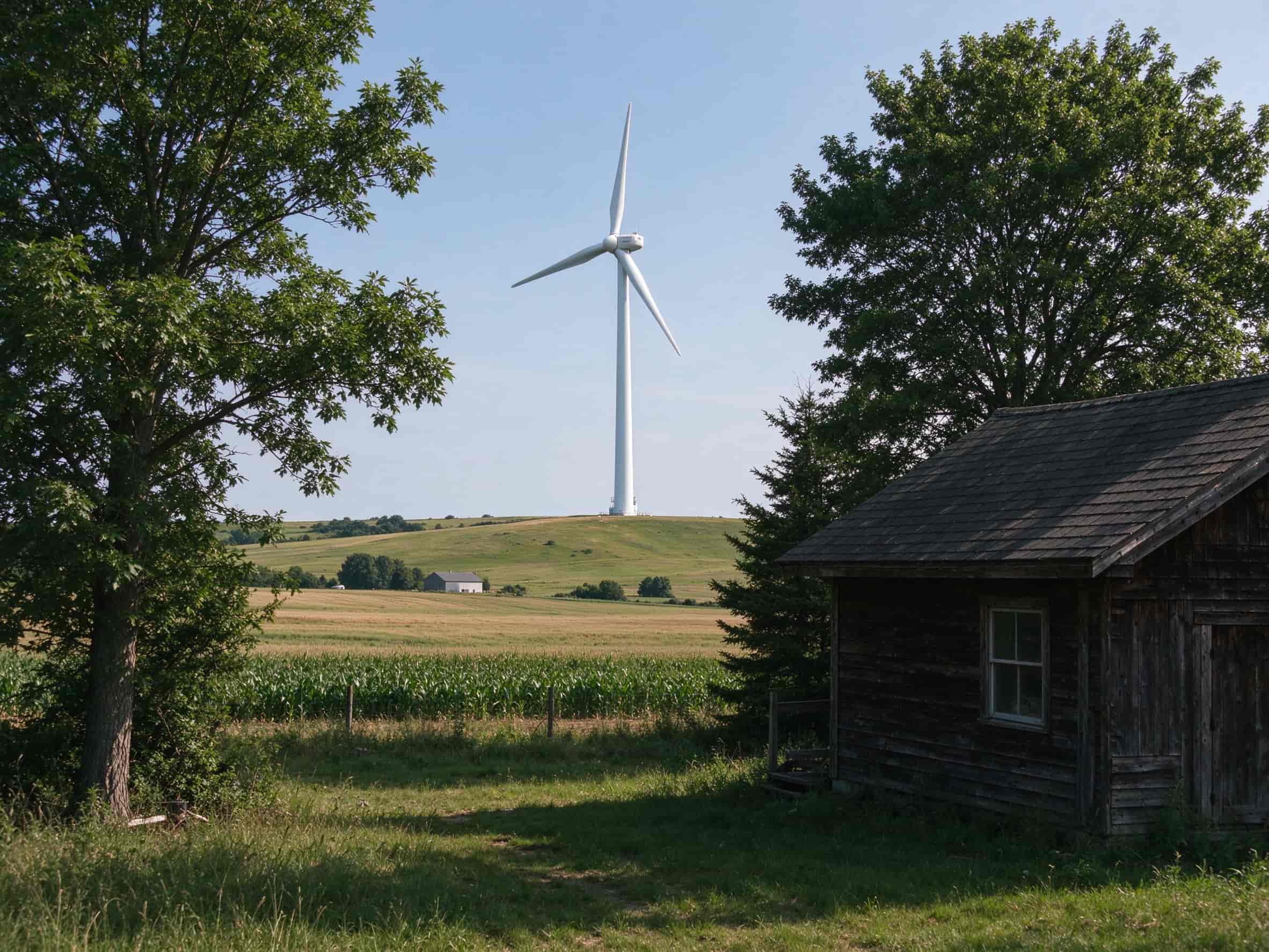 Wind turbine site assessment showing cabin, trees, and farmland with setback distances