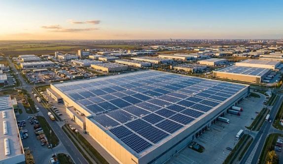 Aerial view of a large commercial warehouse with full rooftop commercial solar electric panels in an industrial area