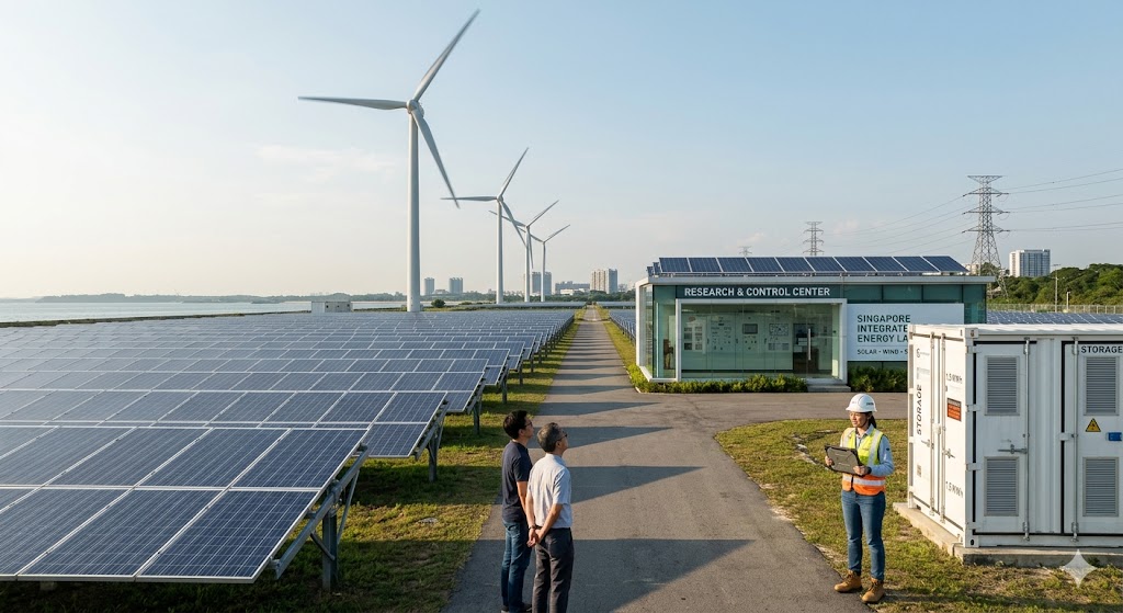 Engineers reviewing energy management solutions at a hybrid solar and wind power facility
