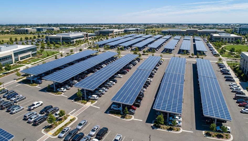 commercial solar carports installed over parking lot generating clean electricity for business property