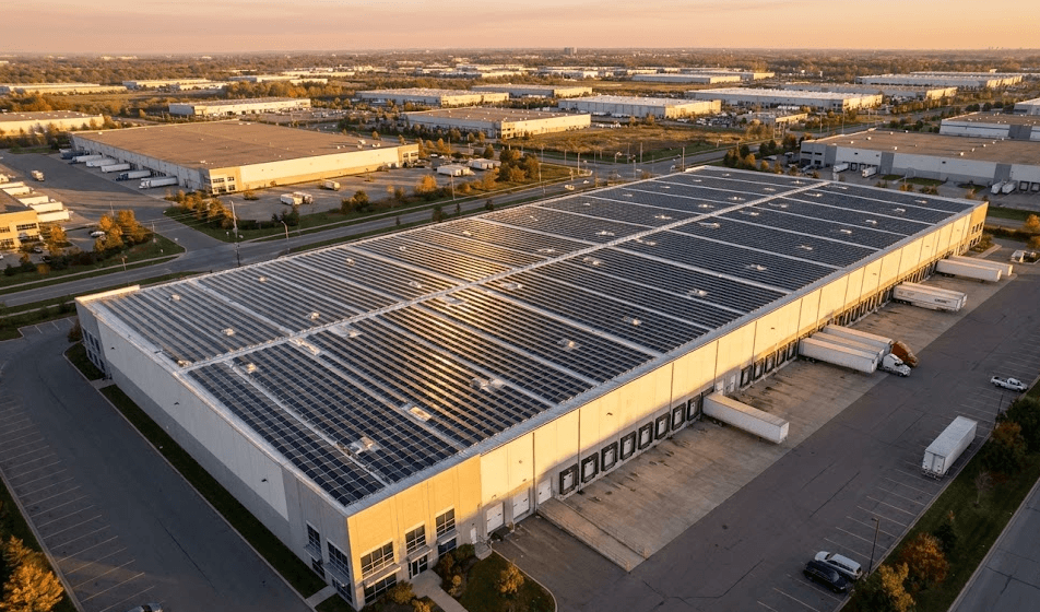Commercial rooftop solar panel installation on a large warehouse facility showing the scale of a typical business solar system